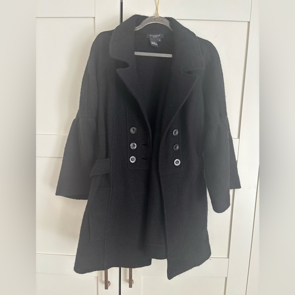 Sandro Sportswear Women's Wool Black Pea Coat Minimalist Chic Travel